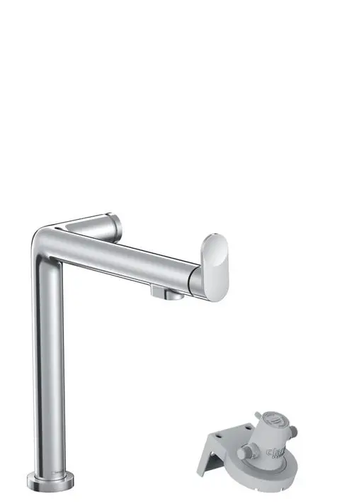 Chromfarbener Wasserhahn von Hansgrohe mit einem geraden Auslauf und einem Hebel. Unterhalb befindet sich ein graues Filterelement für die Montage.